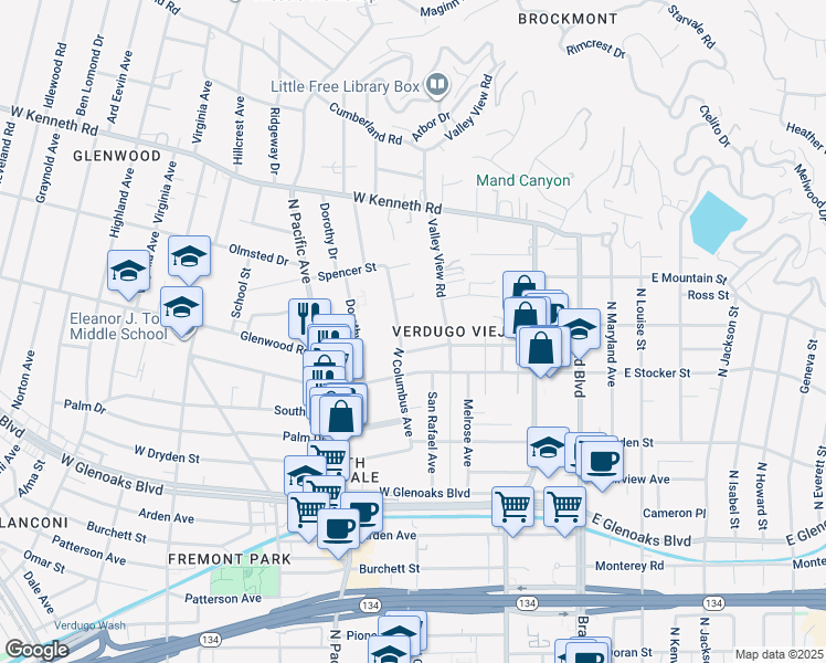 map of restaurants, bars, coffee shops, grocery stores, and more near 1316 North Columbus Avenue in Glendale