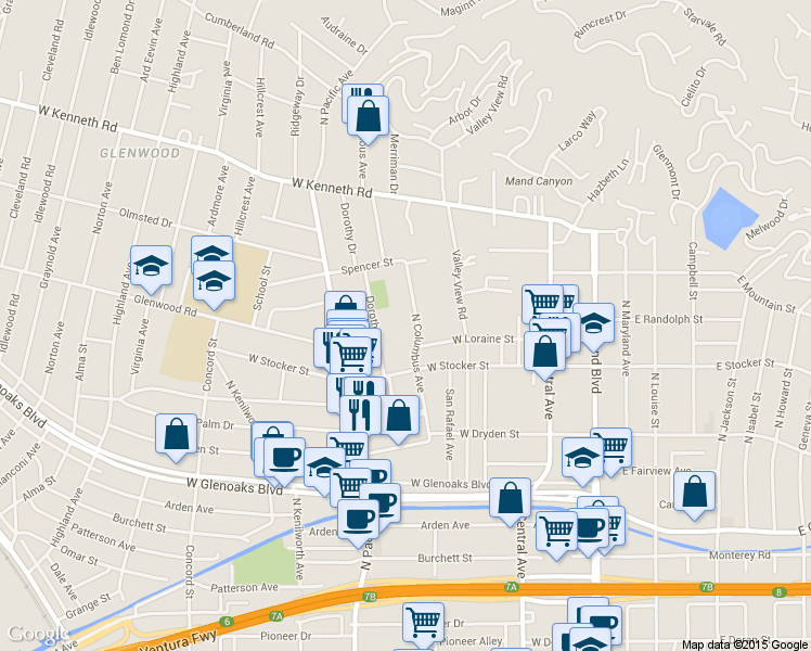 map of restaurants, bars, coffee shops, grocery stores, and more near 1315 North Columbus Avenue in Glendale