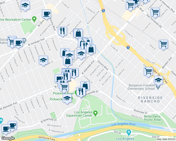 map of restaurants, bars, coffee shops, grocery stores, and more near 353 West Alameda Avenue in Burbank