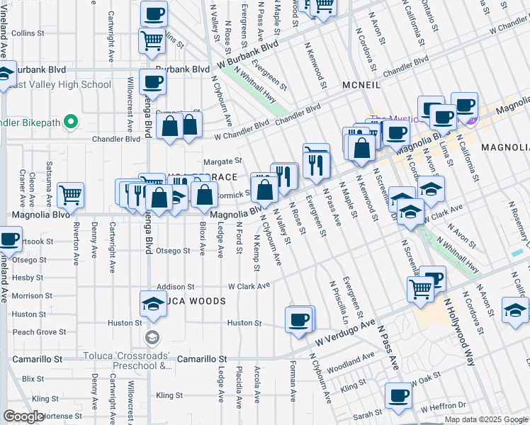 map of restaurants, bars, coffee shops, grocery stores, and more near in Burbank