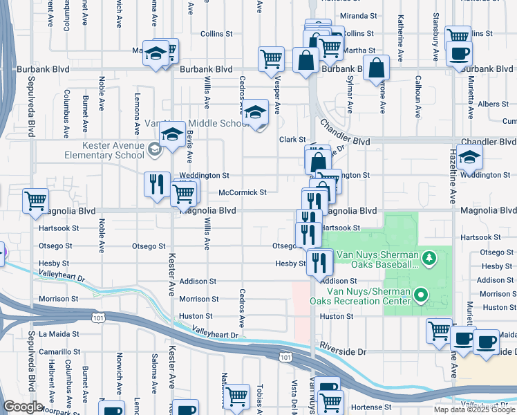 map of restaurants, bars, coffee shops, grocery stores, and more near 14628 McCormick Street in Los Angeles