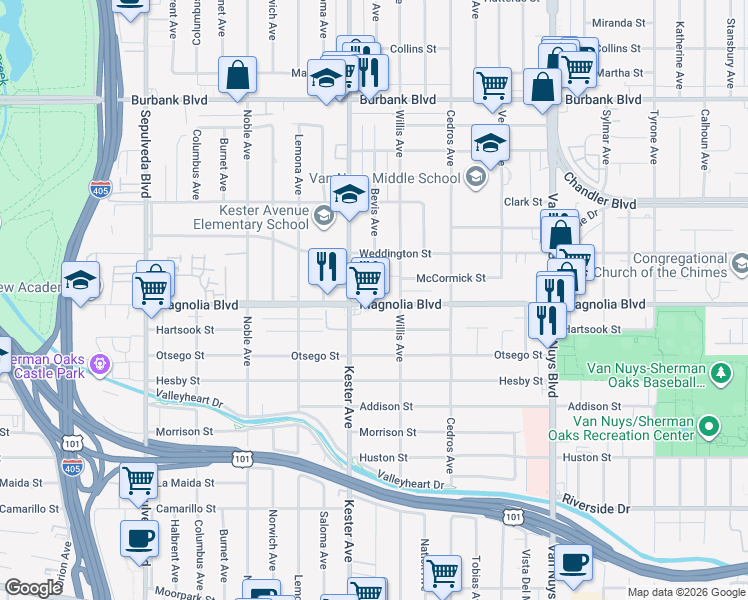 map of restaurants, bars, coffee shops, grocery stores, and more near 14830 McCormick Street in Los Angeles