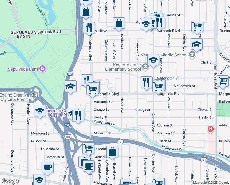 map of restaurants, bars, coffee shops, grocery stores, and more near 15101 West Magnolia Boulevard in Los Angeles