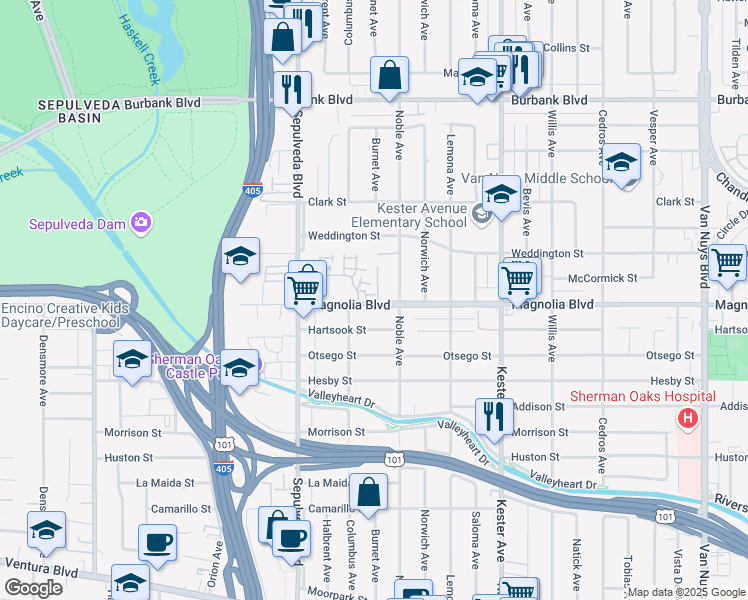 map of restaurants, bars, coffee shops, grocery stores, and more near 15101 West Magnolia Boulevard in Los Angeles