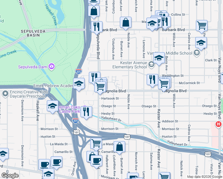 map of restaurants, bars, coffee shops, grocery stores, and more near 15149 West Magnolia Boulevard in Los Angeles