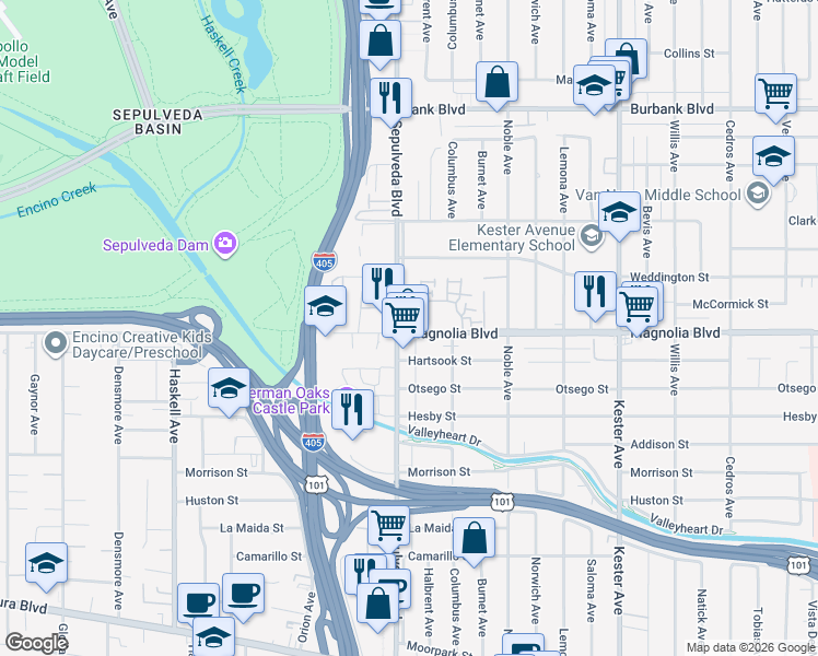 map of restaurants, bars, coffee shops, grocery stores, and more near 15235 West Magnolia Boulevard in Los Angeles
