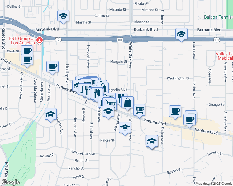 map of restaurants, bars, coffee shops, grocery stores, and more near 17817 West Magnolia Boulevard in Los Angeles