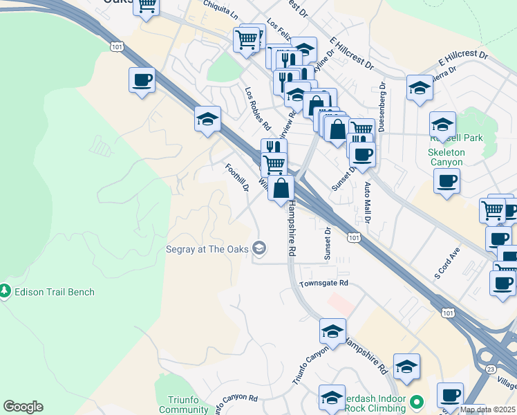 map of restaurants, bars, coffee shops, grocery stores, and more near 295 Fairview Road in Thousand Oaks