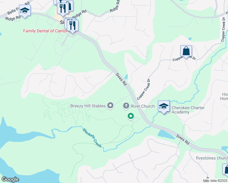 map of restaurants, bars, coffee shops, grocery stores, and more near 2557 Sixes Road in Canton