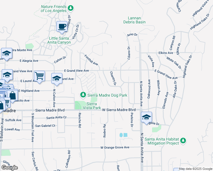 map of restaurants, bars, coffee shops, grocery stores, and more near 1816 Anita Crest Drive in Arcadia