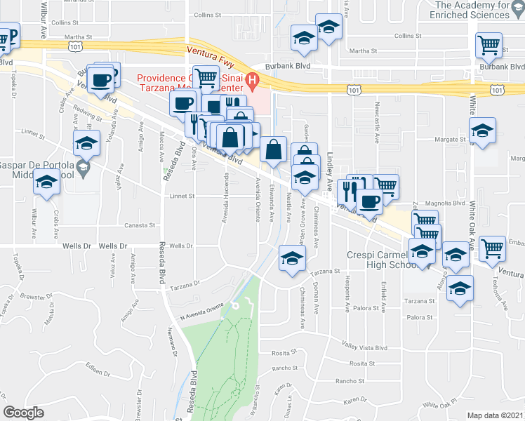 map of restaurants, bars, coffee shops, grocery stores, and more near 5160 Avenida Oriente in Los Angeles