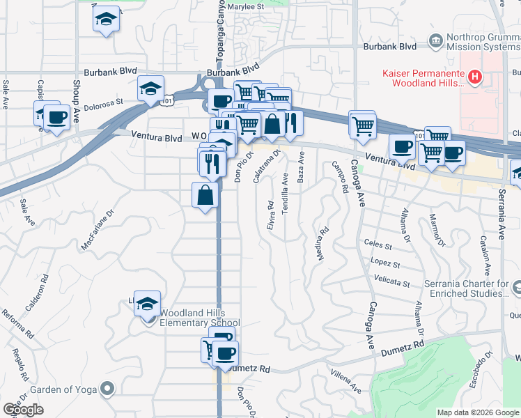 map of restaurants, bars, coffee shops, grocery stores, and more near 5250 Calatrana Drive in Los Angeles