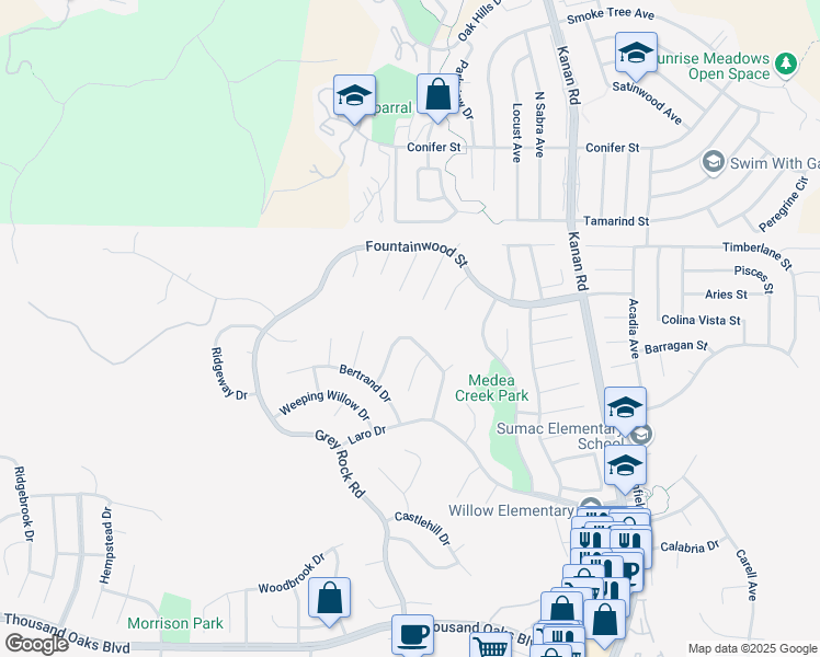 map of restaurants, bars, coffee shops, grocery stores, and more near 6165 Heritage Drive in Agoura Hills