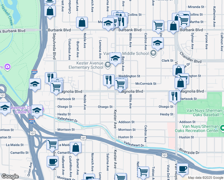 map of restaurants, bars, coffee shops, grocery stores, and more near 14925 Magnolia Boulevard in Los Angeles