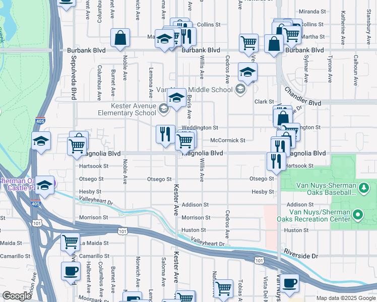 map of restaurants, bars, coffee shops, grocery stores, and more near 14830 McCormick Street in Los Angeles