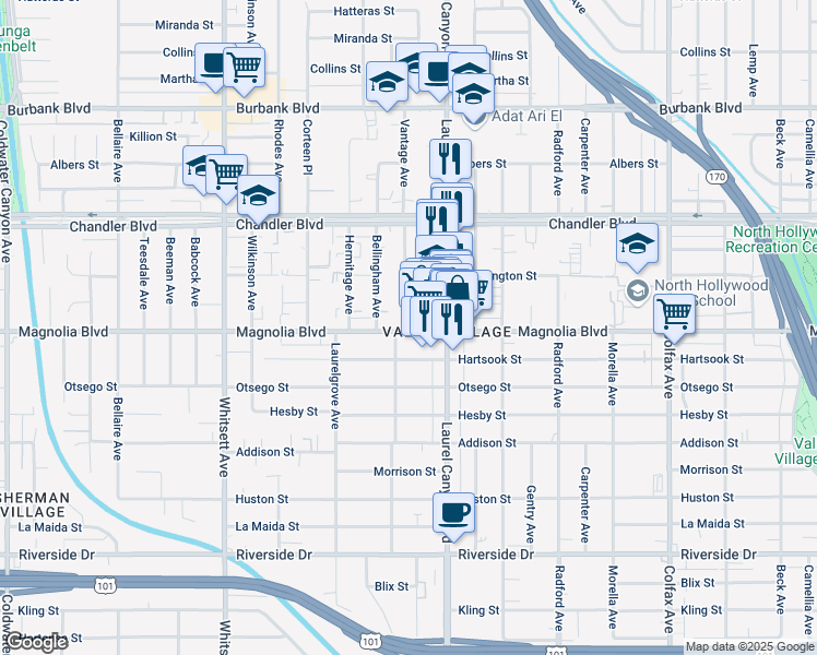 map of restaurants, bars, coffee shops, grocery stores, and more near 5224 Vantage Avenue in Los Angeles