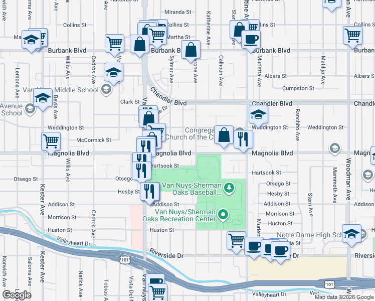 map of restaurants, bars, coffee shops, grocery stores, and more near 14321 1/2 Magnolia Boulevard in Los Angeles