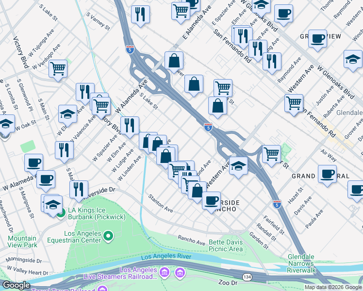 map of restaurants, bars, coffee shops, grocery stores, and more near 417 Irving Avenue in Glendale