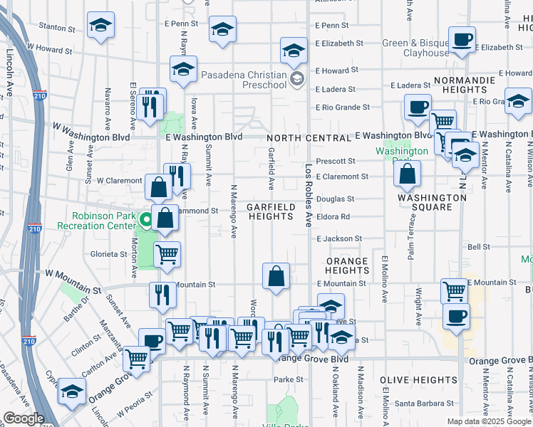 map of restaurants, bars, coffee shops, grocery stores, and more near in Pasadena