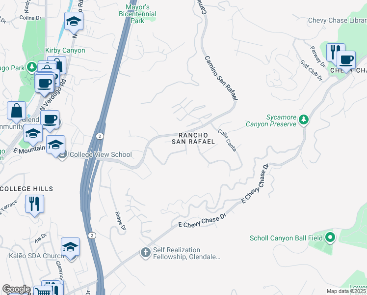 map of restaurants, bars, coffee shops, grocery stores, and more near 982 Calle Bella in Glendale