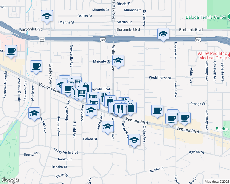 map of restaurants, bars, coffee shops, grocery stores, and more near 5200 White Oak Avenue in Los Angeles