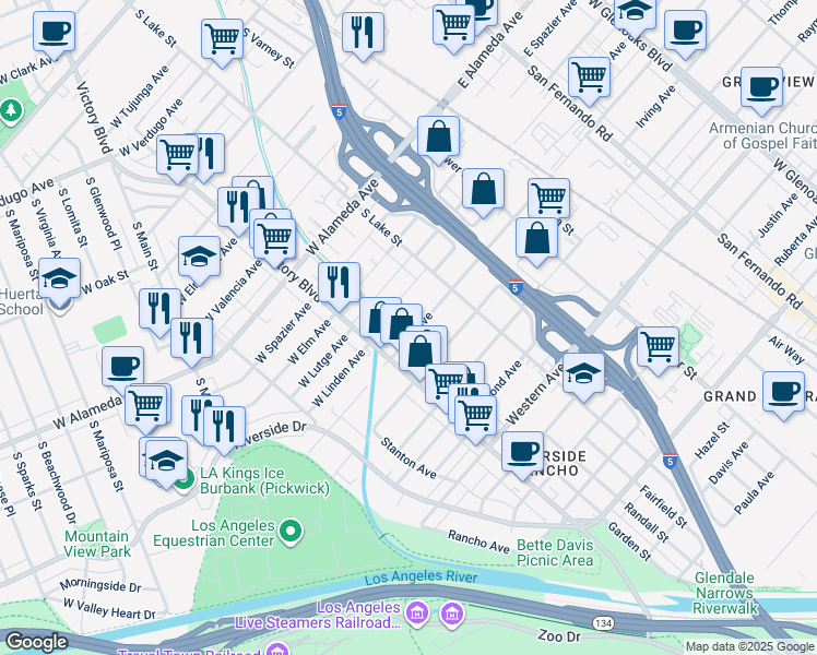 map of restaurants, bars, coffee shops, grocery stores, and more near 331 Allen Avenue in Glendale