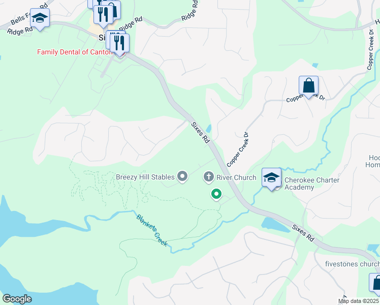 map of restaurants, bars, coffee shops, grocery stores, and more near 2557 Sixes Road in Canton