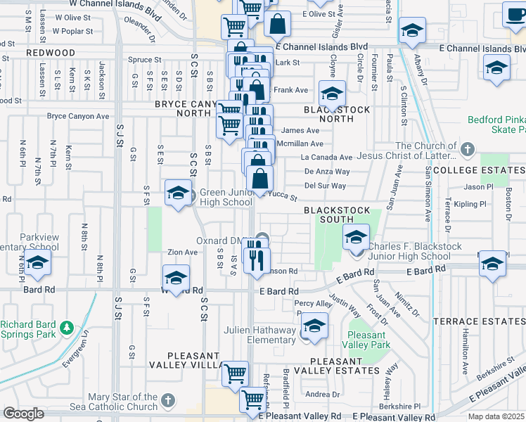 map of restaurants, bars, coffee shops, grocery stores, and more near 145 Ibsen Place in Oxnard