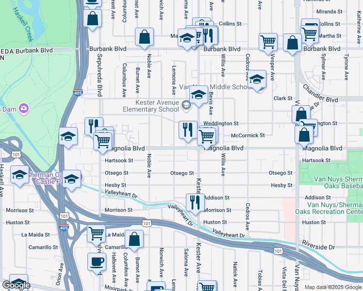 map of restaurants, bars, coffee shops, grocery stores, and more near 14931 Magnolia Boulevard in Los Angeles