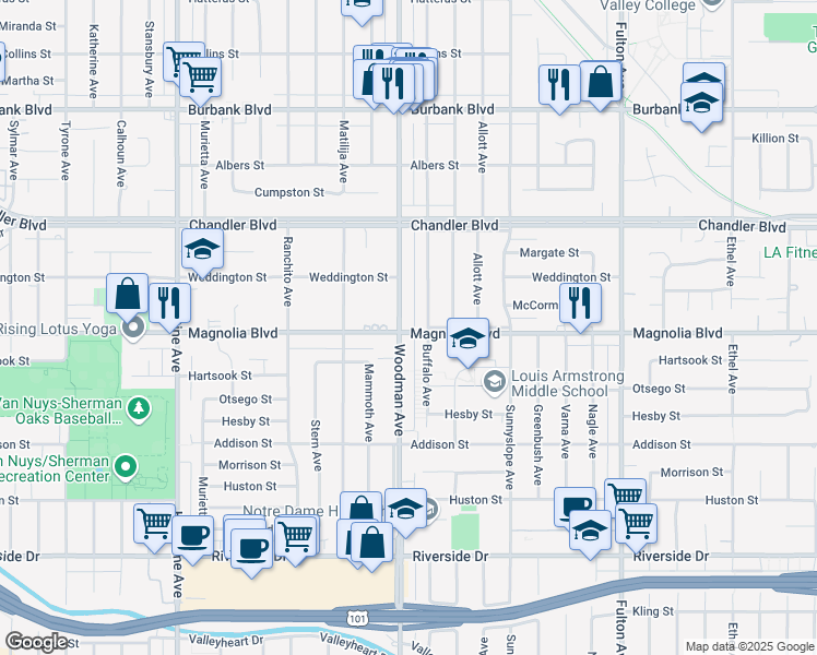 map of restaurants, bars, coffee shops, grocery stores, and more near 5202 Woodman Avenue in Los Angeles