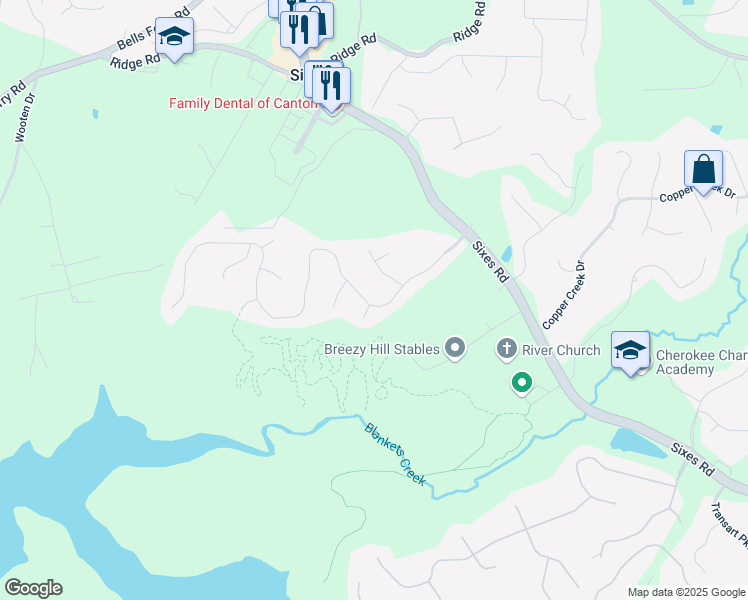 map of restaurants, bars, coffee shops, grocery stores, and more near 1030 Blankets Creek Drive in Canton