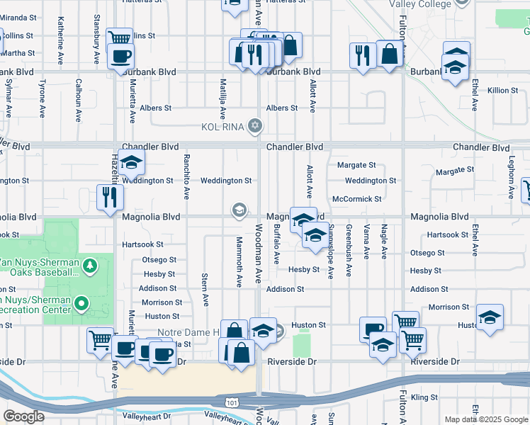 map of restaurants, bars, coffee shops, grocery stores, and more near 5202 Woodman Avenue in Los Angeles