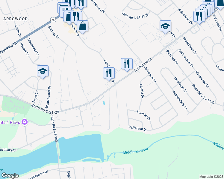 map of restaurants, bars, coffee shops, grocery stores, and more near 3019 South Cashua Drive in Florence