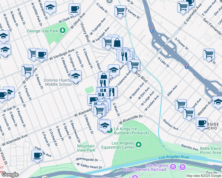 map of restaurants, bars, coffee shops, grocery stores, and more near 820 South Main Street in Burbank
