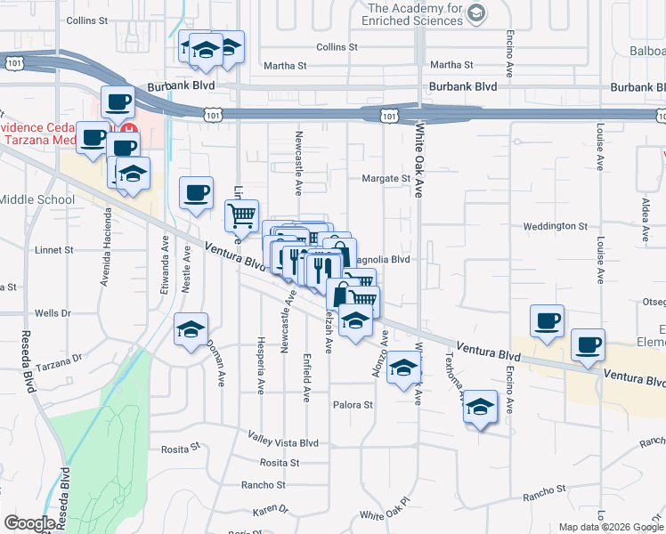 map of restaurants, bars, coffee shops, grocery stores, and more near 17914 Magnolia Boulevard in Los Angeles