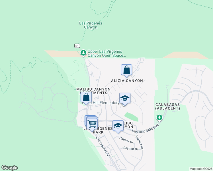 map of restaurants, bars, coffee shops, grocery stores, and more near 5982 Ruthwood Drive in Calabasas