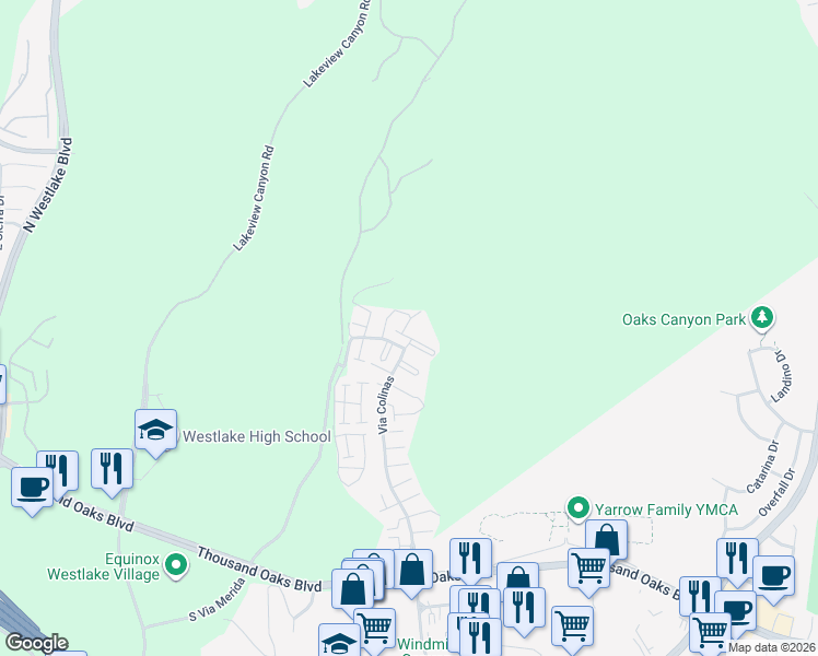 map of restaurants, bars, coffee shops, grocery stores, and more near 664 Via Colinas in Westlake Village