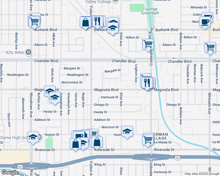map of restaurants, bars, coffee shops, grocery stores, and more near 5222 Longridge Avenue in Los Angeles