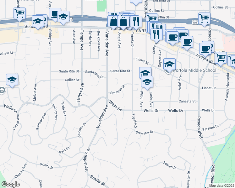 map of restaurants, bars, coffee shops, grocery stores, and more near 19074 Sprague Street in Los Angeles