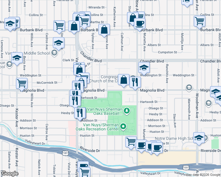 map of restaurants, bars, coffee shops, grocery stores, and more near 5221 Tyrone Avenue in Los Angeles