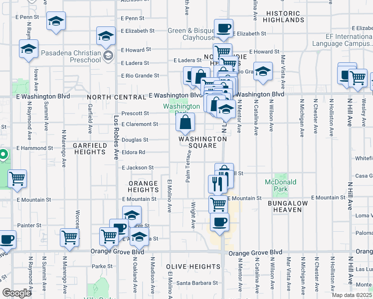 map of restaurants, bars, coffee shops, grocery stores, and more near 1115 Palm Terrace in Pasadena