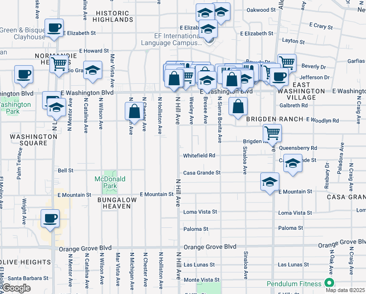 map of restaurants, bars, coffee shops, grocery stores, and more near 1121 Wesley Avenue in Pasadena
