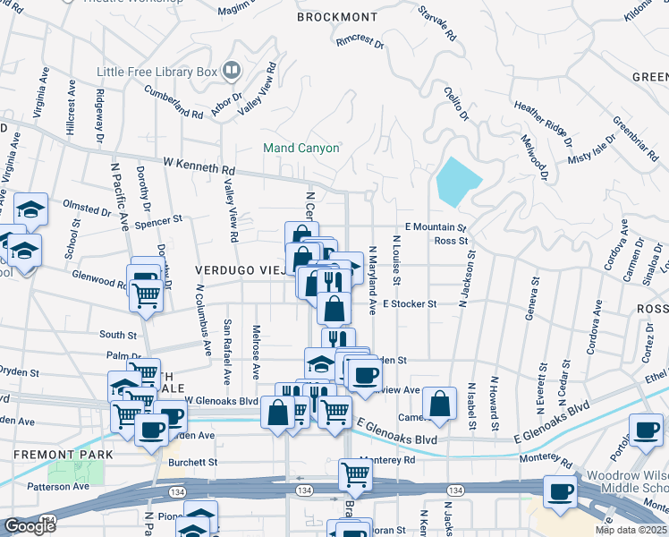 map of restaurants, bars, coffee shops, grocery stores, and more near 1303 North Brand Boulevard in Glendale