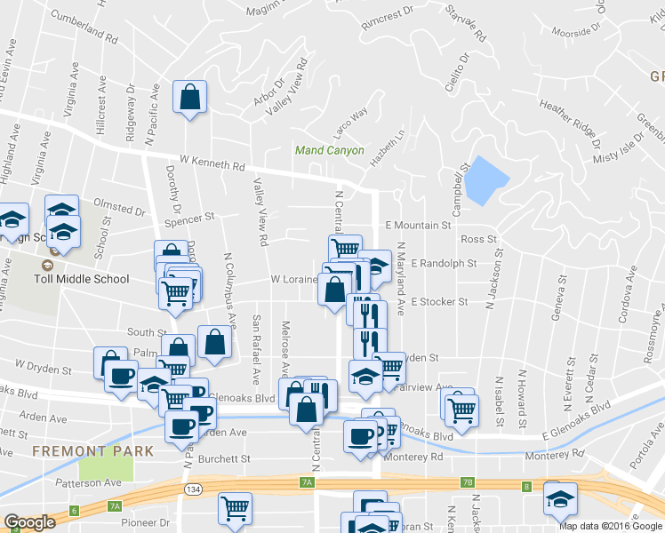map of restaurants, bars, coffee shops, grocery stores, and more near 1303 North Central Avenue in Glendale