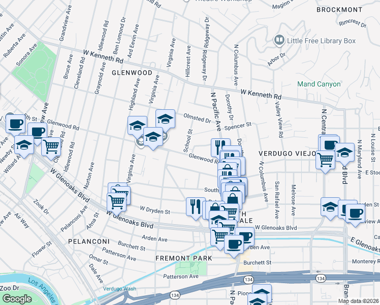 map of restaurants, bars, coffee shops, grocery stores, and more near 546 Clement Drive in Glendale