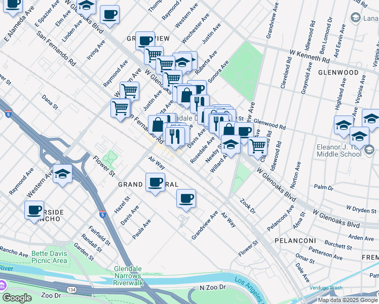 map of restaurants, bars, coffee shops, grocery stores, and more near 1028 Davis Avenue in Glendale
