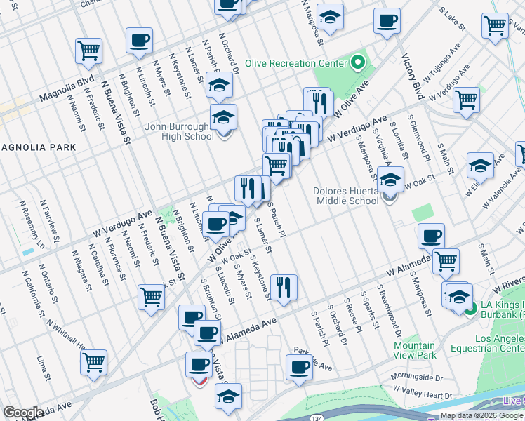 map of restaurants, bars, coffee shops, grocery stores, and more near 1900 West Olive Avenue in Burbank