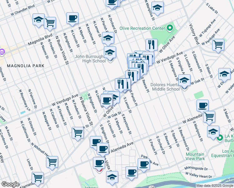 map of restaurants, bars, coffee shops, grocery stores, and more near 119 North Lamer Street in Burbank
