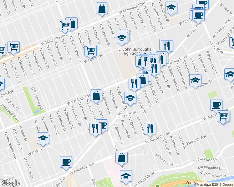 map of restaurants, bars, coffee shops, grocery stores, and more near 228 North Myers Street in Burbank