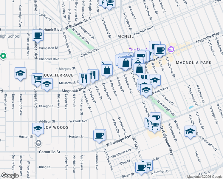 map of restaurants, bars, coffee shops, grocery stores, and more near 910 North Pass Avenue in Burbank
